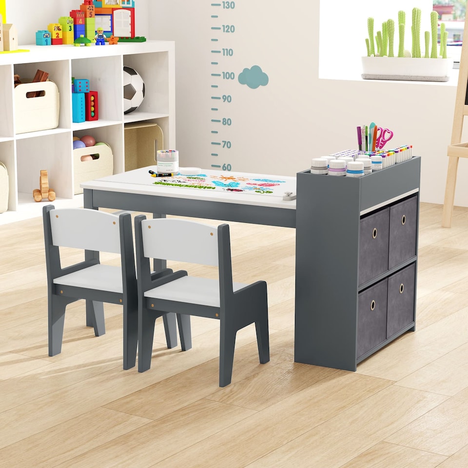 image 1 of COSTWAY Kids Art Table and Chairs Set with 2 Chairs Grey