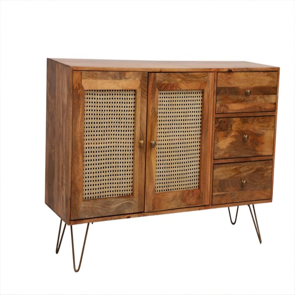 image 1 of Nyack Large Sideboard - Mango Wood/Iron - L40 x W145 x H80 cm - Light Brown with Natural Rattan - Assembly Required | Brown