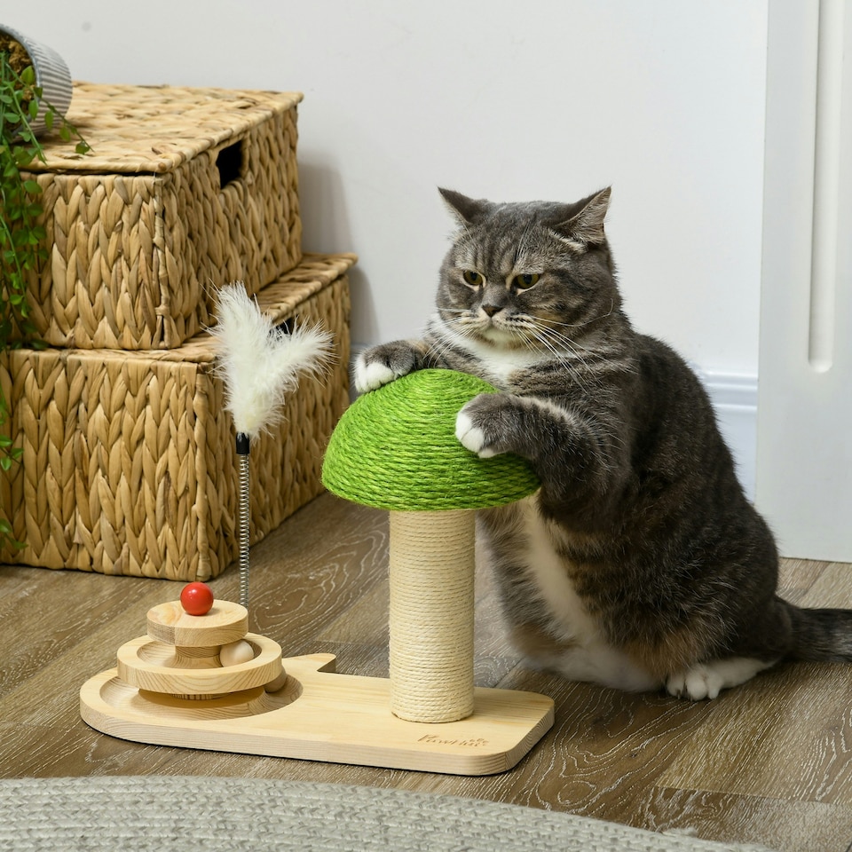 image 1 of PawHut 26cm Mushroom Cat Scratching Post with Toy Balls Feather