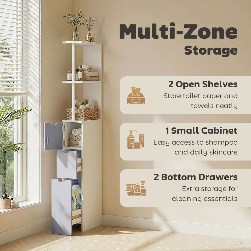 image 1 of HOMCOM Tall Bathroom Storage Cabinet with Shelf and Drawers, White, Grey