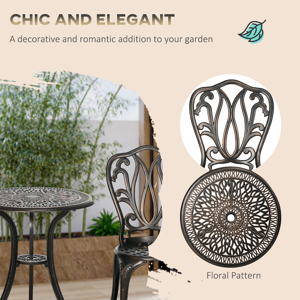 image 1 of Outsunny 3 Piece Garden Bistro Set, Cast Aluminium Outdoor Furniture Set with Umbrella Hole for Balcony, Porch, Patio, Bronze Tone