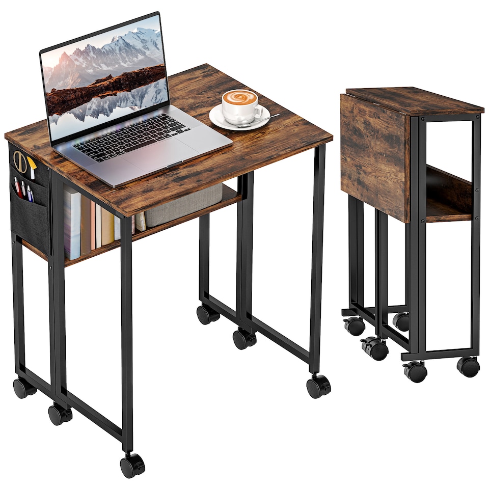 image 1 of HOMCOM Folding Desk with Storage Shelf and Bag, 63 cm Foldable Computer Desk for Small Spaces, Space Saving Writing Table on Wheels for Home Office, Bedroom, Easy Assembly, Rustic Brown | Brown