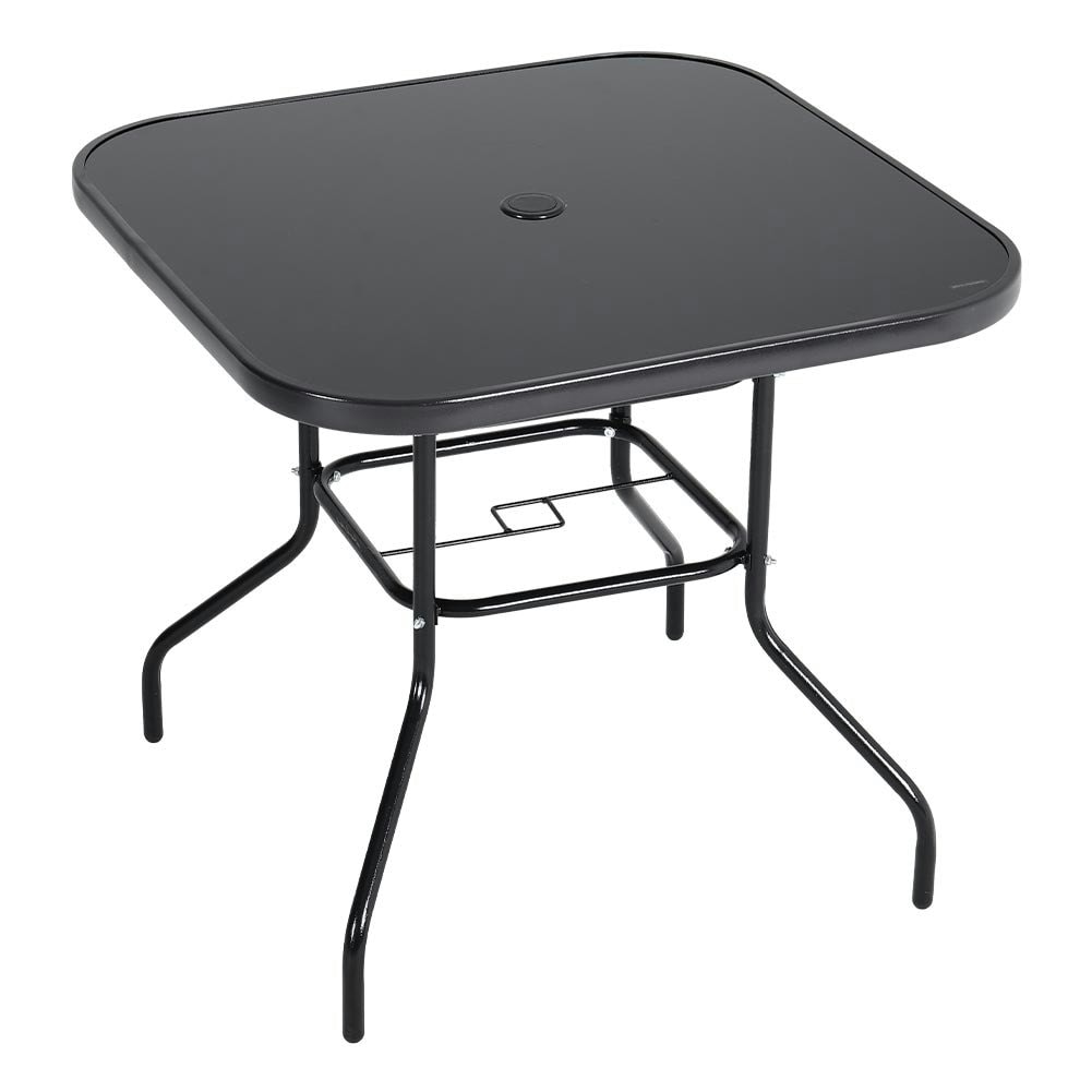 Living and Home Square Tempered Glass Metal Table with Parasol Hole - Black
