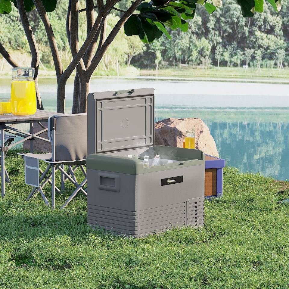 image 1 of Outsunny 40L Car Refrigerator, Portable Compressor Car Fridge Freezer, Electric Cooler Box with 12/24V DC and 110-240V AC for Camping, Driving, Picnic, Down to -20℃, Light Green and Grey | Green