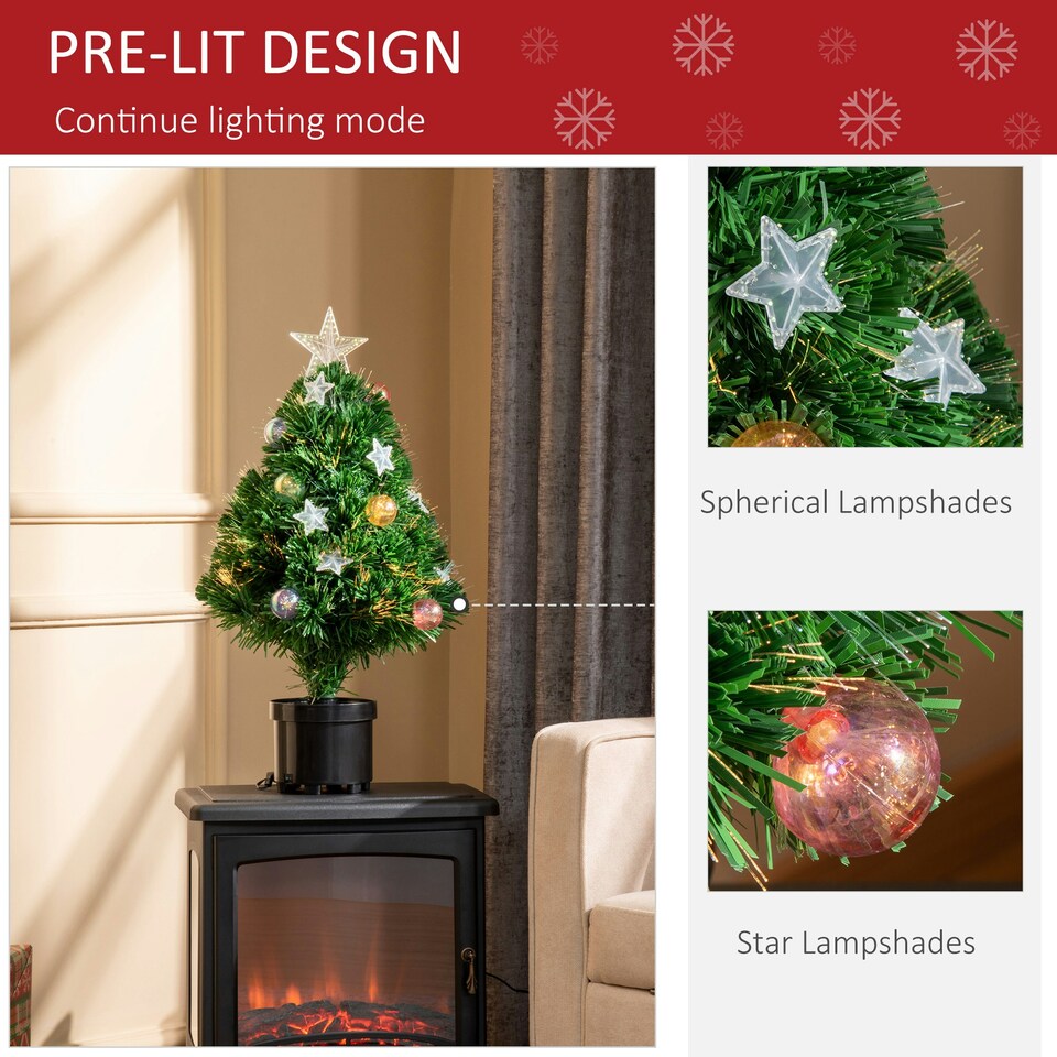 image 1 of HOMCOM 2FT Pre-Lit Artificial Fibre Optic Christmas Xmas Tree Lights Decoration