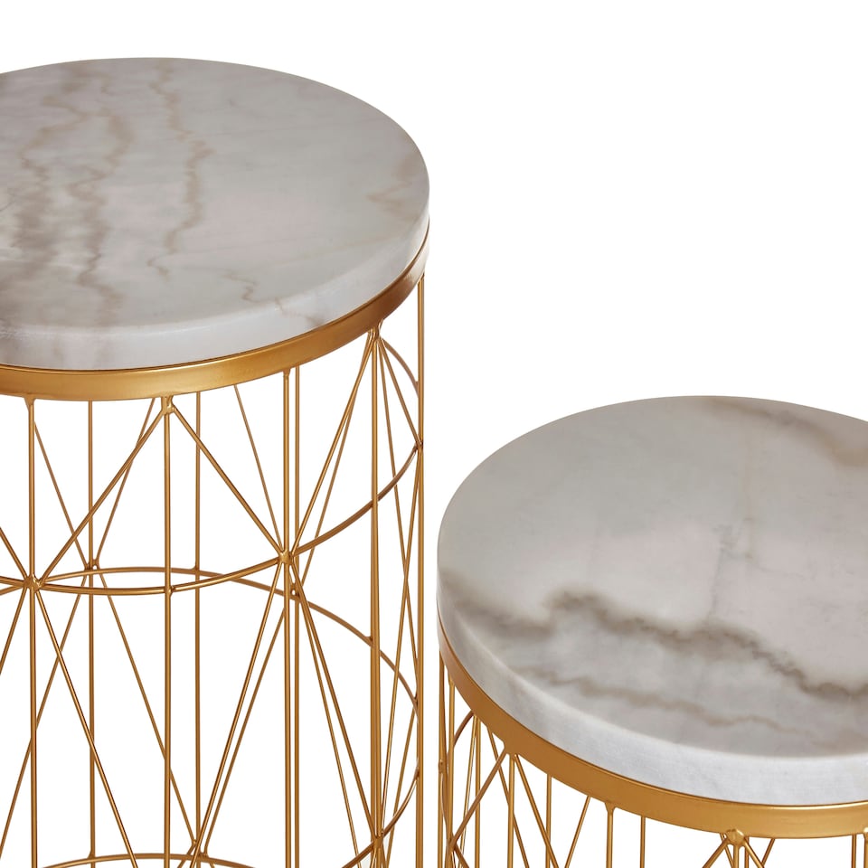 image 1 of Interiors by Premier Set Of 2 Marble Top Round Side Tables, White Marble Side Tables With Gold Iron Geometric Base, Nesting Tables