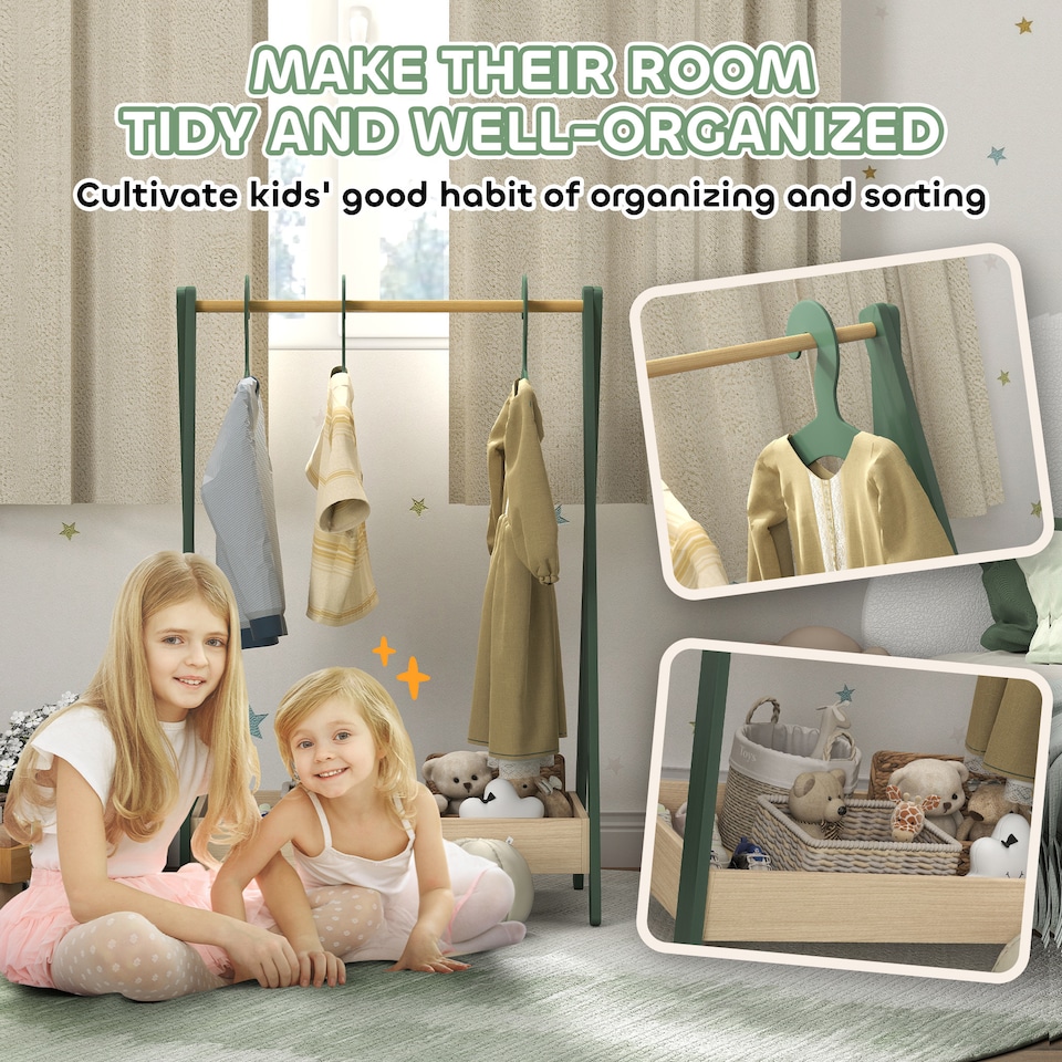 image 1 of AIYAPLAY Kids Clothes Rail with Hangers, Base Shelf for Girls, Boys, Green