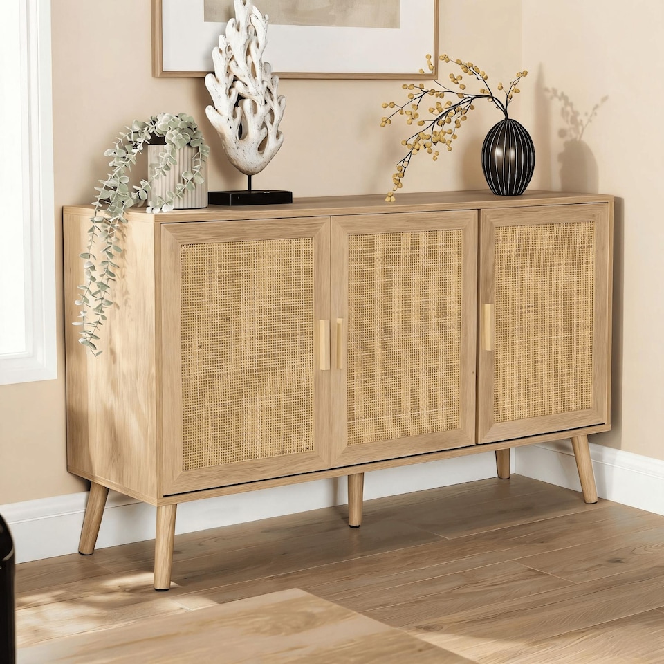 image 1 of Sideboard 3 Rattan Doors Solid Wooden Legs Cabinet Home Living Room Furniture