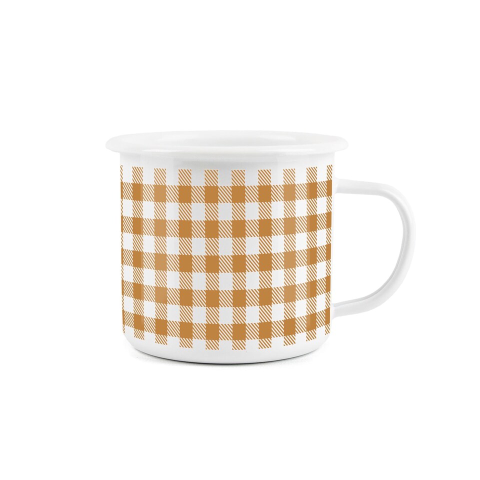 image 1 of Orange Gingham Print Enamel Mug