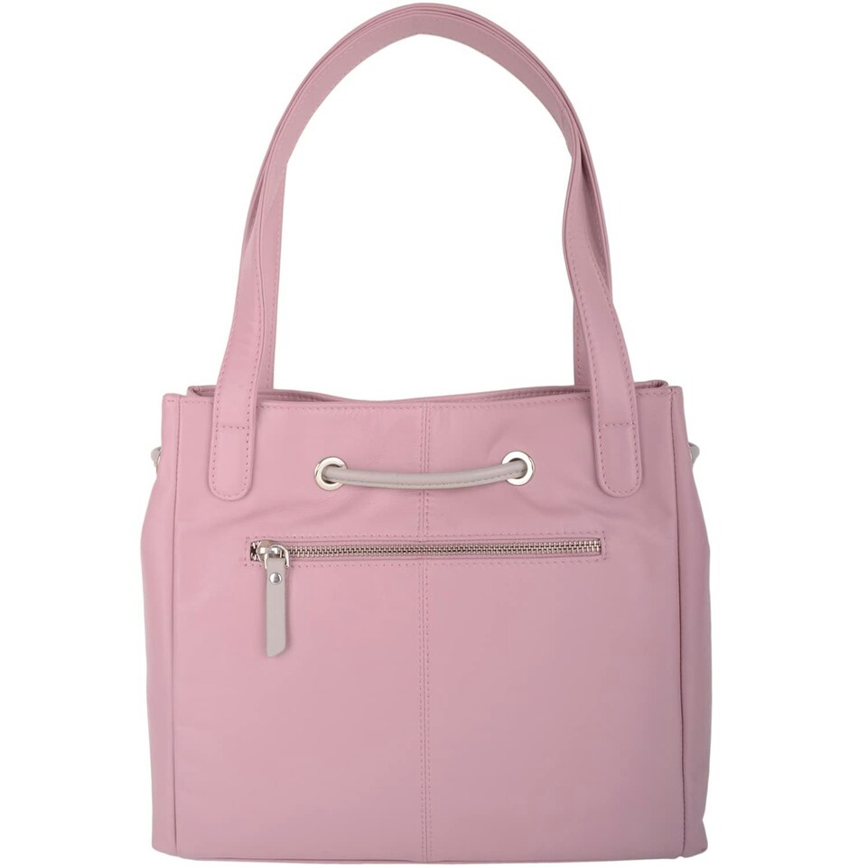 image 1 of Genuine Soft Leather Contrast Drawstring Tote Style Shoulder Handbag Pink | Blush