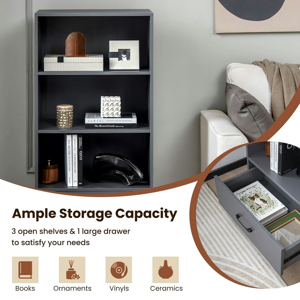 image 1 of COSTWAY 4-tier Storage Shelf Wood Bookcase Bookshelf Grey