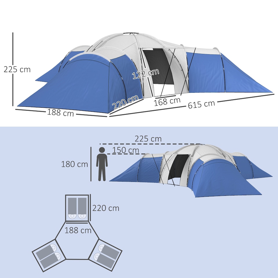 image 1 of Outsunny 6-9 Man Large Tunnel Tent with 3 Bedroom, Living Area and Porch, Stand-up Camping Tent, Portable with Bag, for Fishing Hiking Festival | Blue | Blue