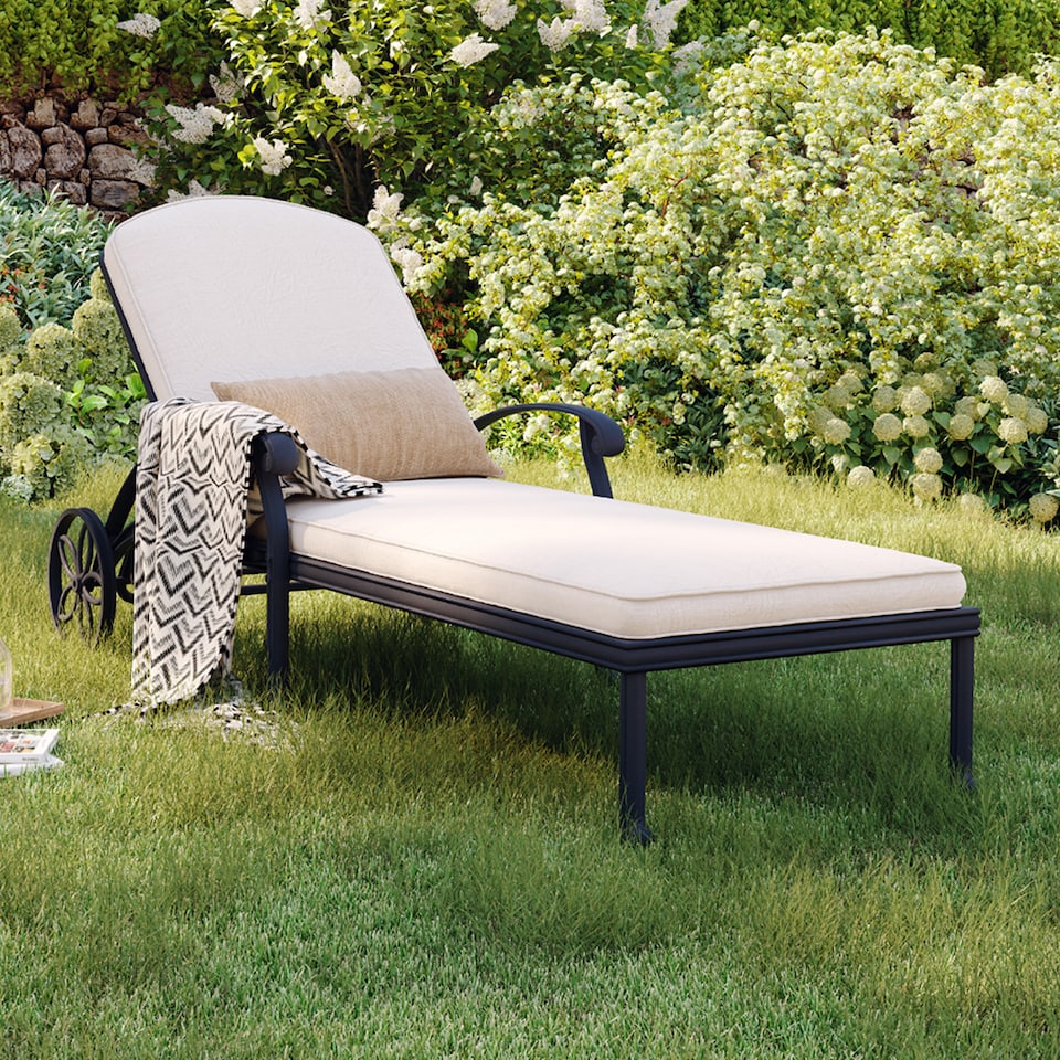 image 1 of Charles Bentley Cast Aluminium Sun Lounger Recliner With Beige Cushion - Black