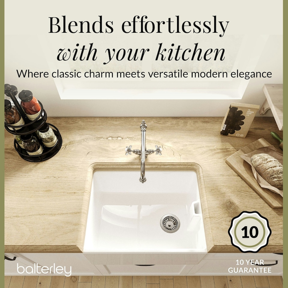 image 1 of Fireclay 595mm Single Bowl Belfast Butler Kitchen Sink with French Classic Tap and Waste by Balterley