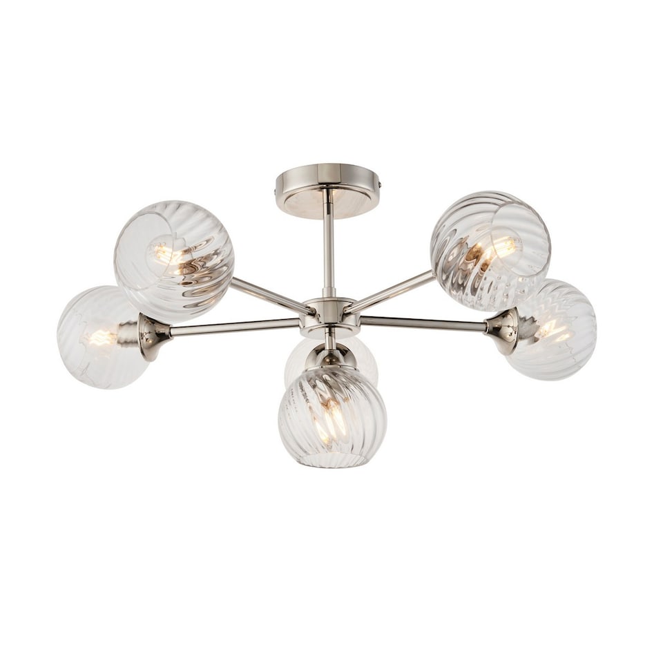 image 1 of Allegra 6 Light Multi Arm Glass Shade Semi Flush Ceiling Lamp Bright Nickel