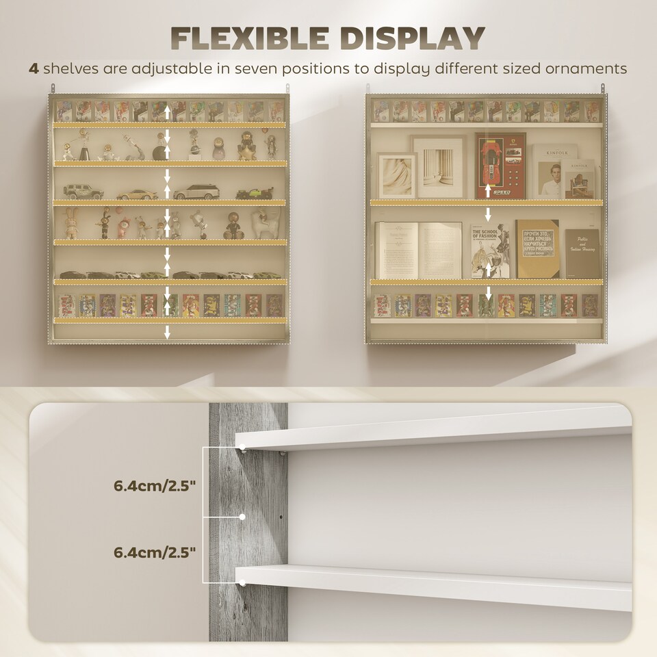 image 1 of HOMCOM 7-Tier Wall Display Cabinet w/ Glass Doors, Graphite Wood Effect