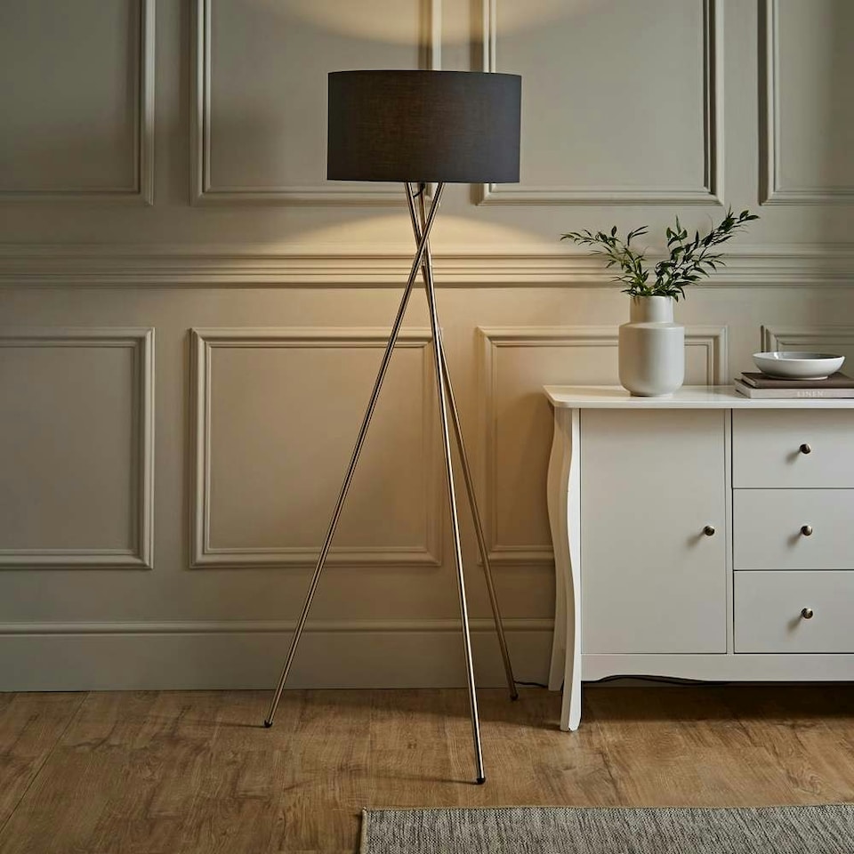 image 1 of ValueLights Camden Brushed Chrome Tripod Floor Lamp Charcoal Shade & Bulb | Grey