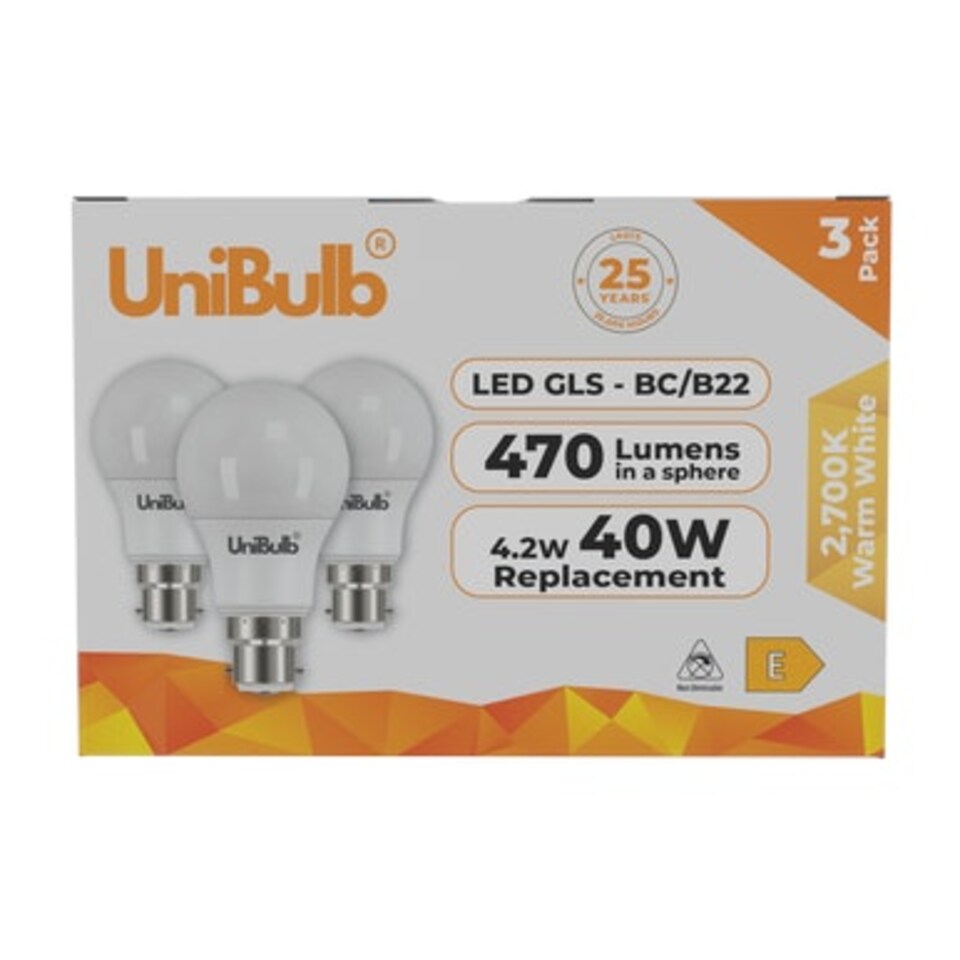 image 1 of UniBulb LED GLS B22 470lm 4.2W 2700K (Warm White) Light Bulb - Pack of 3