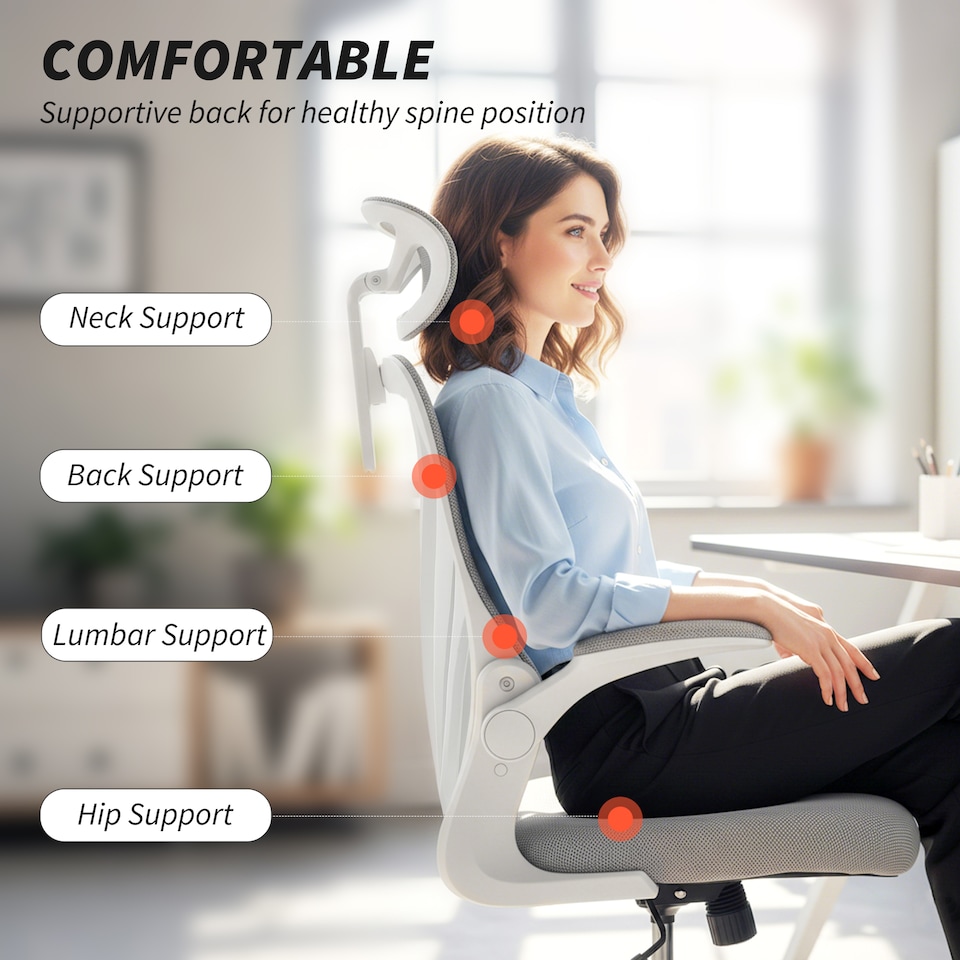 image 1 of HOMCOM Ergonomic Office Chair, High Back Mesh Desk Chair with Foldable Backrest, 2D Headrest, Flip-up Armrest, Lumbar Support, Tilt Function, Swivel Wheels for Home Office, Light Grey