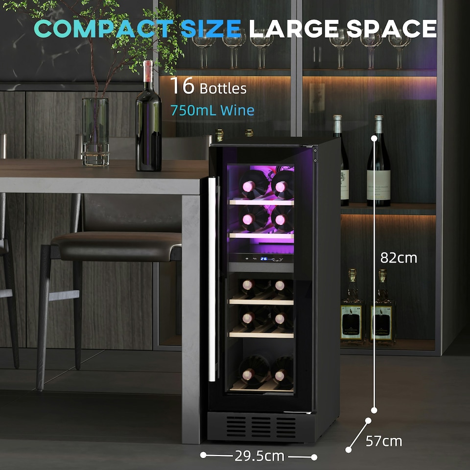 image 1 of HOMCOM 16 Bottle Dual Zone Built-in Wine Cooler Fridge with Glass Door
