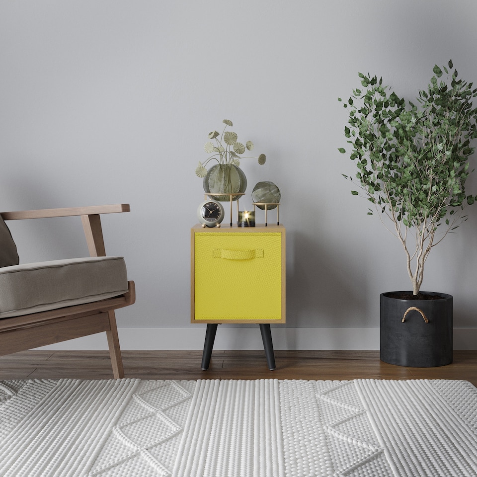 image 1 of Beech 1-Drawer Cube Shelving Unit with Scandinavian Legs | Yellow | Yellow & Black | 1