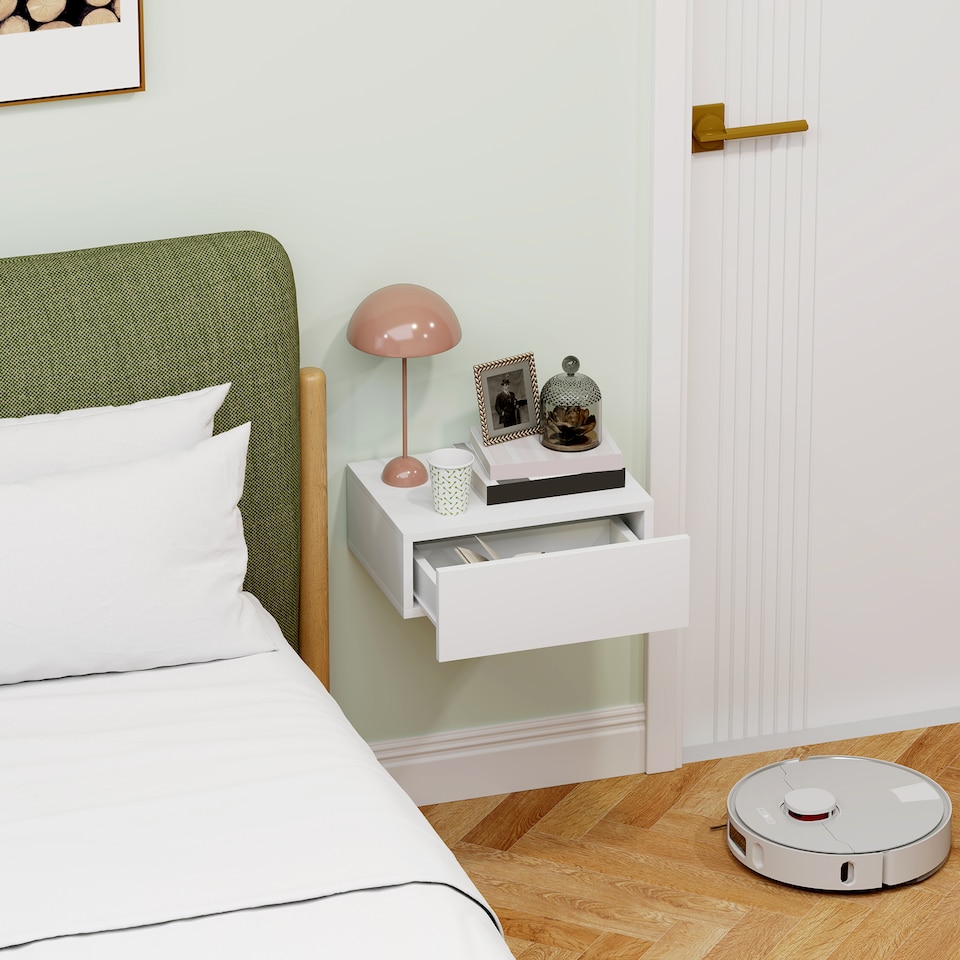 image 1 of HOMCOM Floating Bedside Table, Wall-Mounted Nightstand with Storage Drawer, Small Side End Table for Bedroom, White