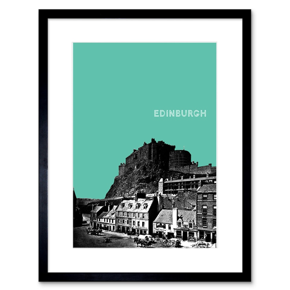 image 1 of Grassmarket Edinburgh Castle Scotland Cityscape Teal 9x7" Black Framed Wall Art Print