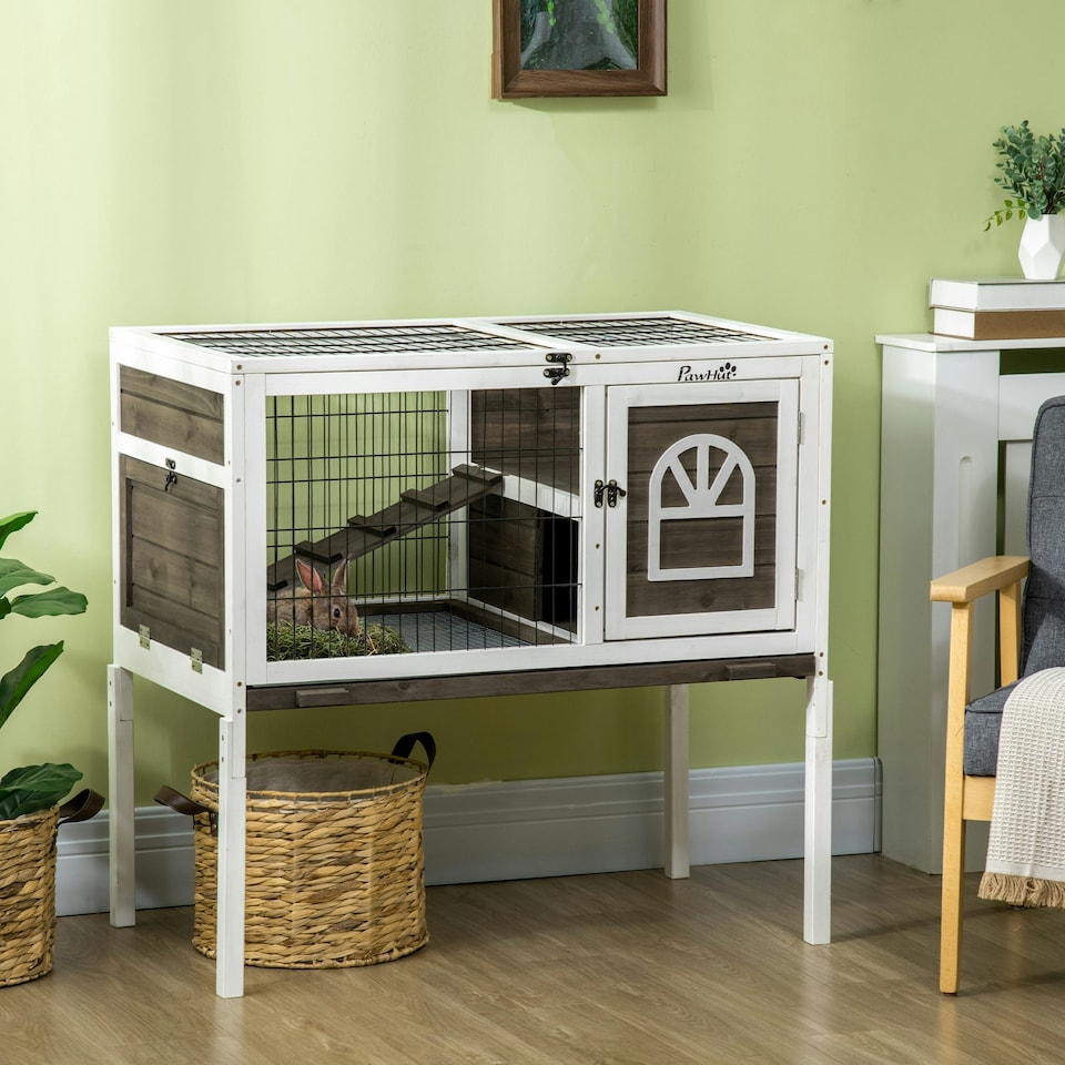 image 1 of PawHut Rabbit Hutch, Elevated Guinea Pig Cage w/ Openable Roof & Tray, Brown