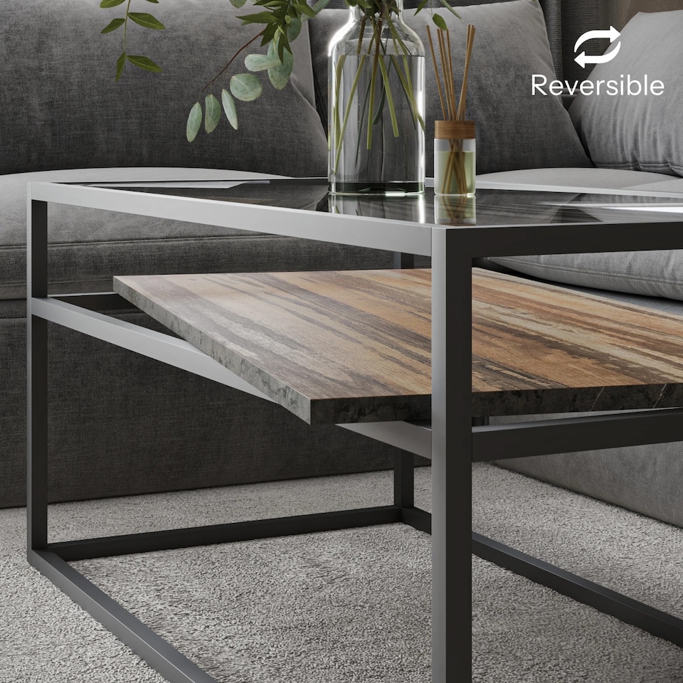 image 1 of Glass Display Top Coffee Table with Steel Frame Reversible Wooden Storage Shelf | Black | Dark Walnut