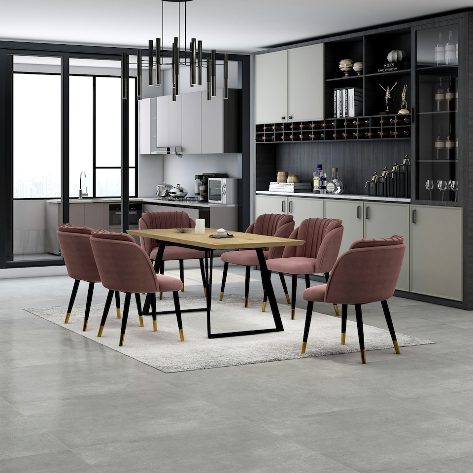 image 1 of Set of 2 Milano Velvet Dining Chairs with Stylish Ribbed Back Design, Black Metal Legs with Silver Tips | Pink | Gold End Tips