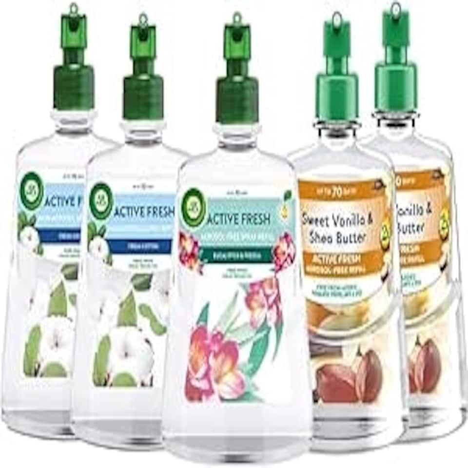 image 1 of Air Wick Aerosol-Free Automatic Air Freshener, Active Fresh Odour Neutraliser (5 Refills, Vanilla & Shea Butter x2, Fresh Cotton x2 & Eucalyptus & Freesia x1)