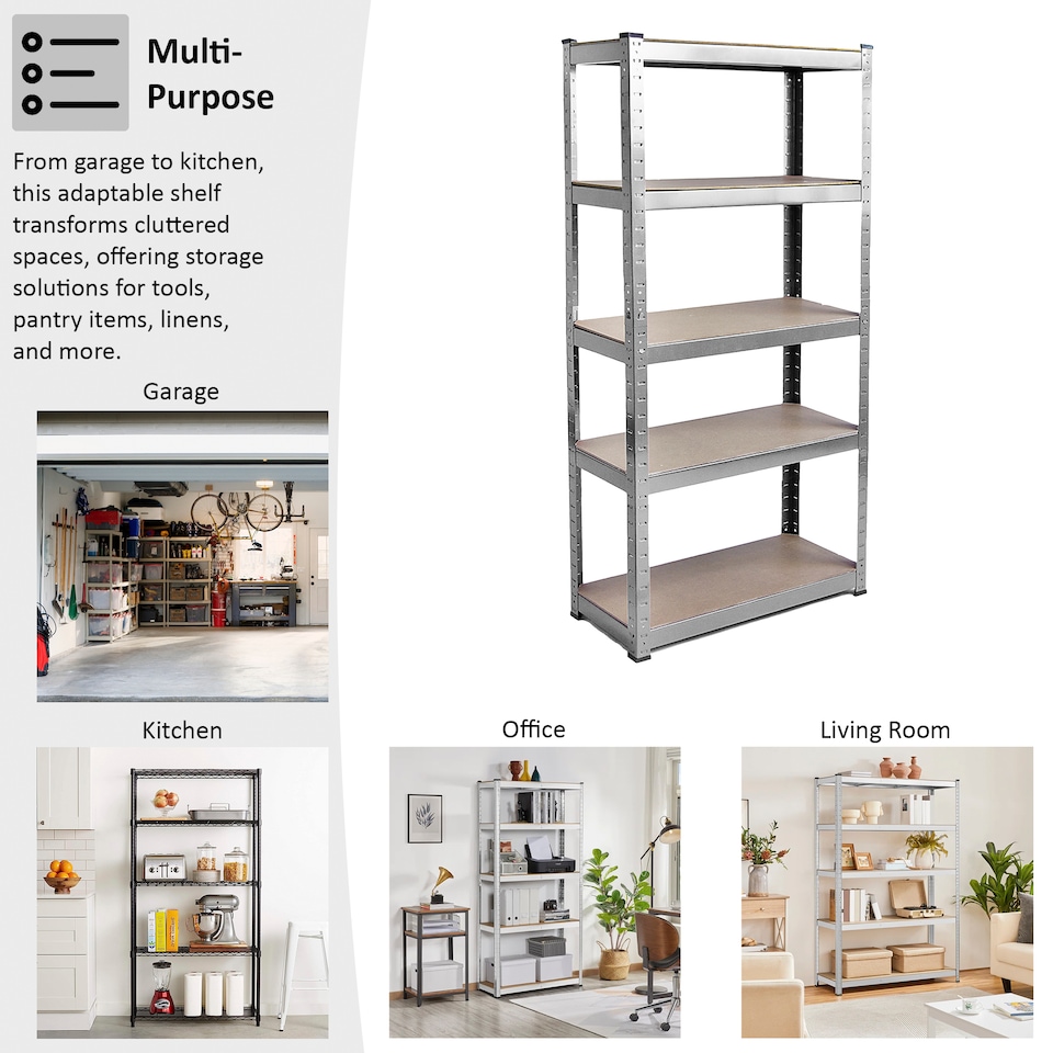 image 1 of Home Vida 5 Tier Heavy Duty Garage Shelves Adjustable Steel Shelving Storage Unit - Holds 875kg - Galvanised - 1 Bay