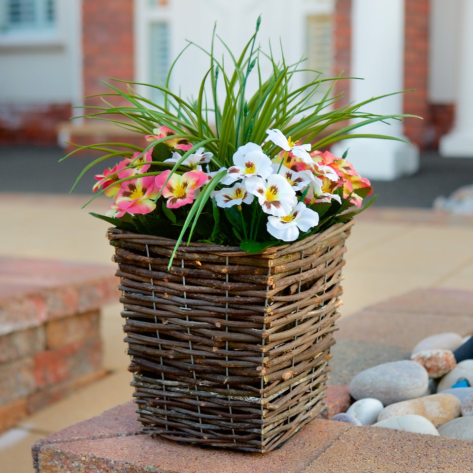 image 1 of Best Artificial Pre-Made 44cm Peach & White Pansy Flowers in Rattan Wicker Planter Pot - Suitable For Outside Use | Pink | Peach and White | 1