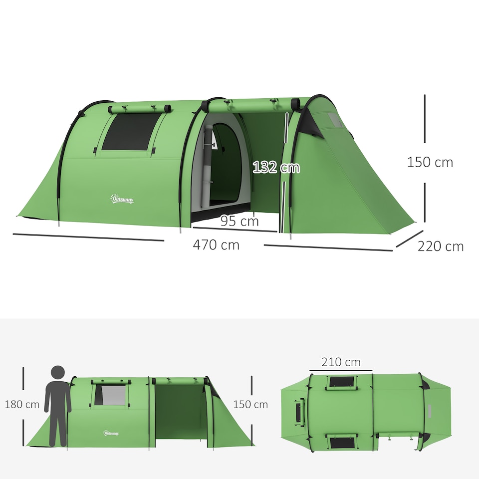 image 1 of Outsunny 2 Room Camping Family Tent for 3-4 Man, 3000mm Waterproof, Green