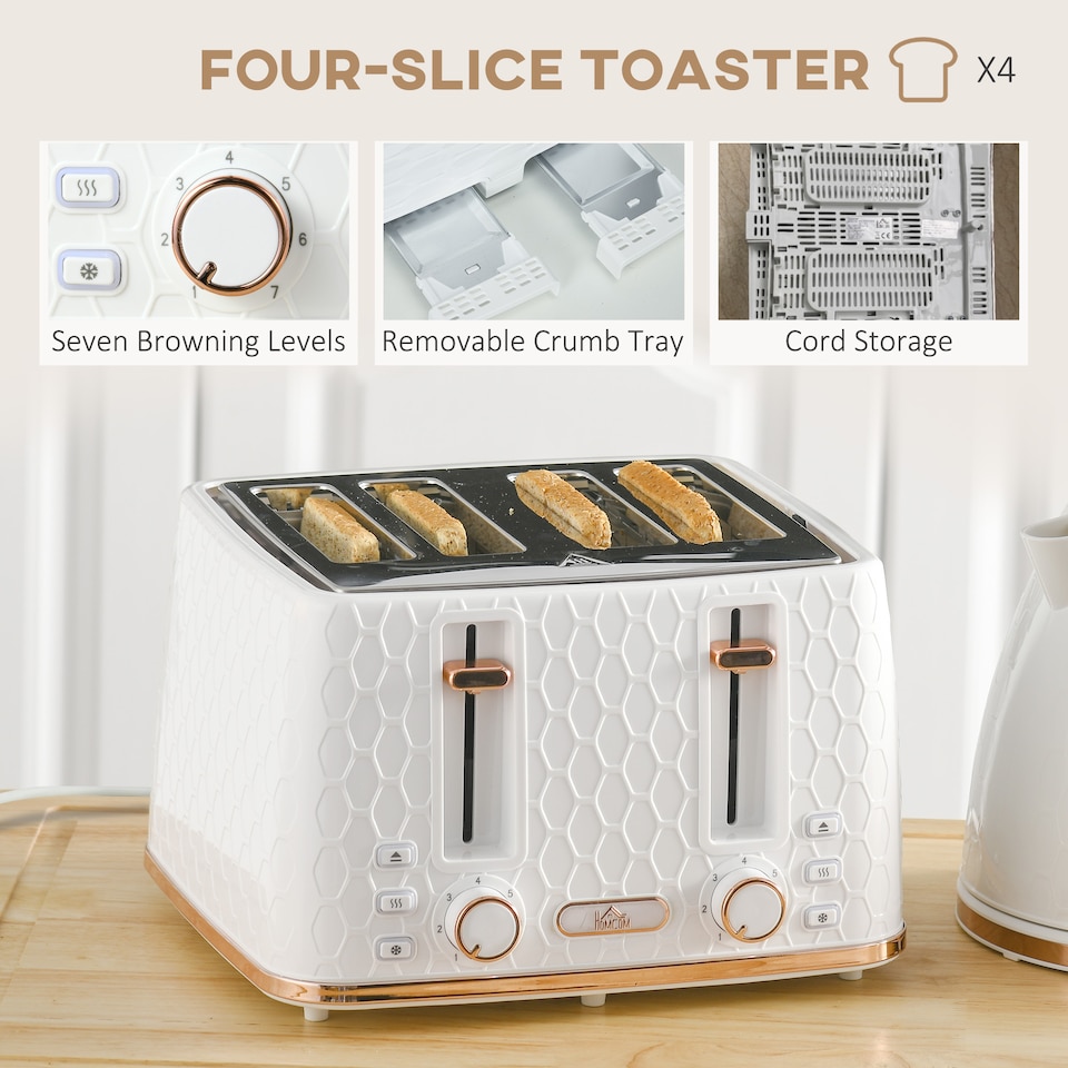 image 1 of HOMCOM Kettle and Toaster Set, 1.7L 3000W Fast Boil Jug Kettle with Auto Shut Off, 4 Slice Toaster with 7 Level Browning Controls & Crumb Tray, UK Otter Thermostat, Cream