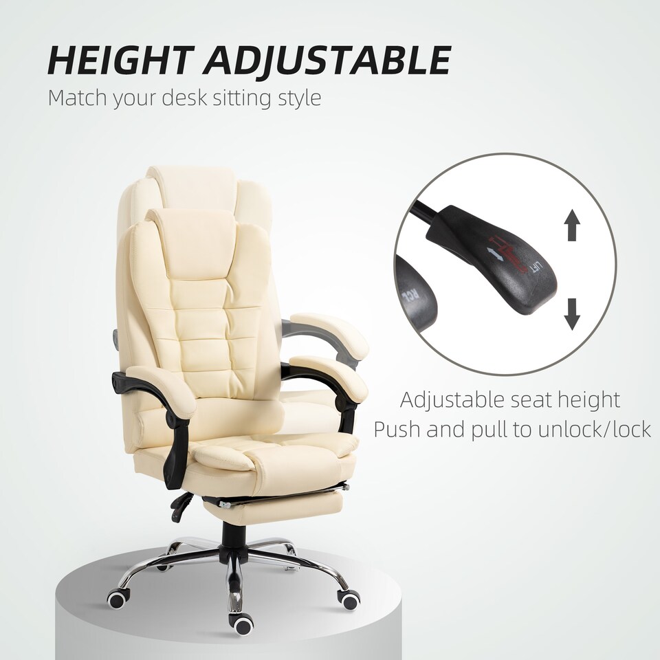 image 1 of HOMCOM Executive Office Chair, Home Office Chair with Swivel Wheels, Reclining Backrest, Retractable Footrest, Cream White