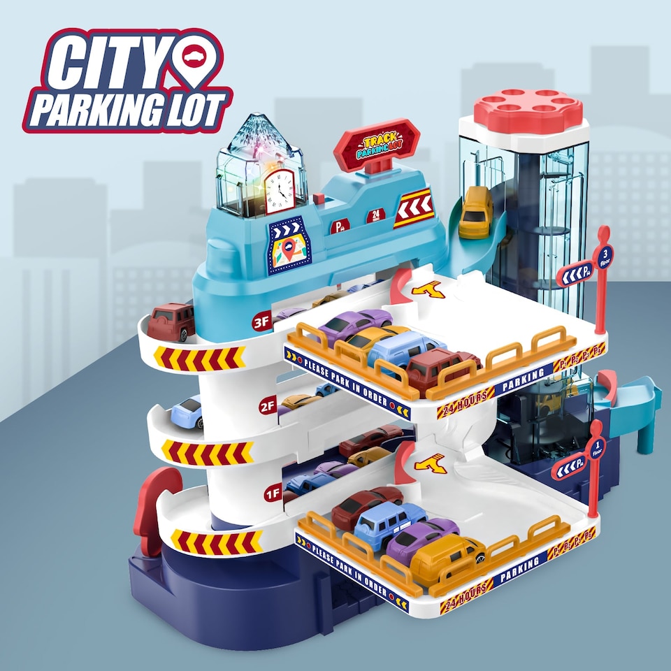 image 1 of 2-in-1 Garage Track Set with Elevator, 12 Mini Cars, Music & Lights – Kids Car Playset for Ages 3+