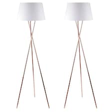 First Choice Lighting Pair Copper Tripod Floor Lamp with White Fabric Shade Copper | White