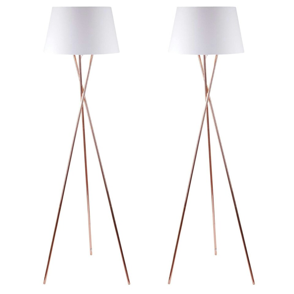image 1 of First Choice Lighting Pair Copper Tripod Floor Lamp with White Fabric Shade Copper | White