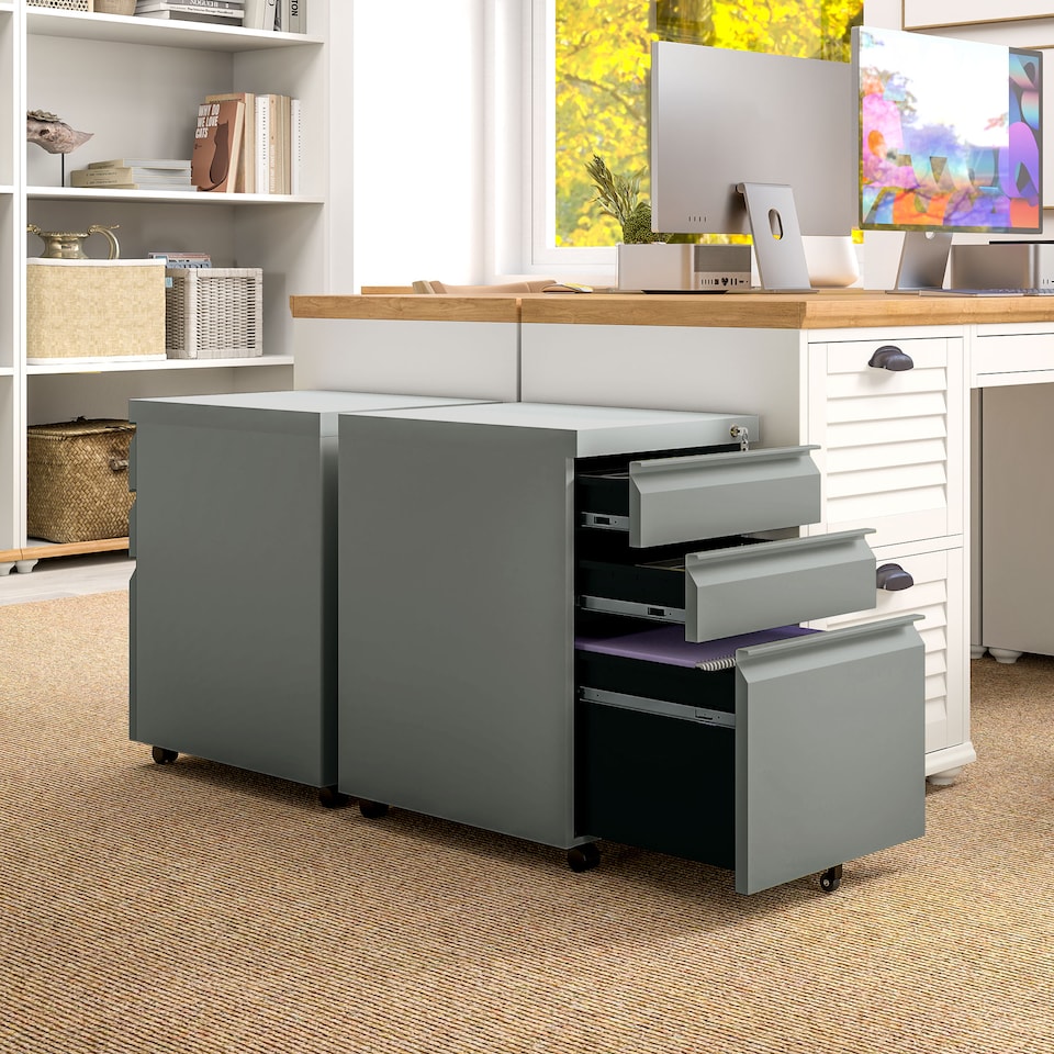 image 1 of Vinsetto 3-Drawer Filing Cabinet, Mobile Metal File Cabinet with Lock and 5 Wheels for A4 Legal Letter Sized Hanging File Folders, Under Desk Drawers, Pre-Assembled Body, 39 x 48 x 60 cm, Grey