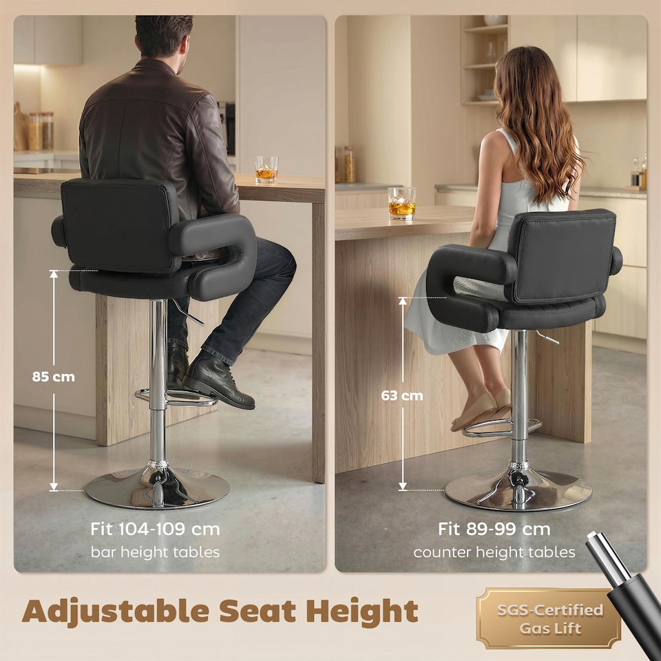 image 1 of HOMCOM Bar Stools Adjustable Swivel with Armrest Set of 2 Black
