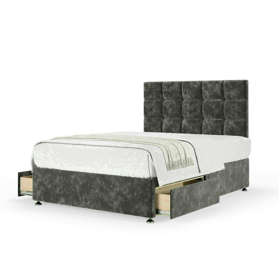 Charcoal Chenille 2 Drawer Divan Base and Pearl Headboard King Size