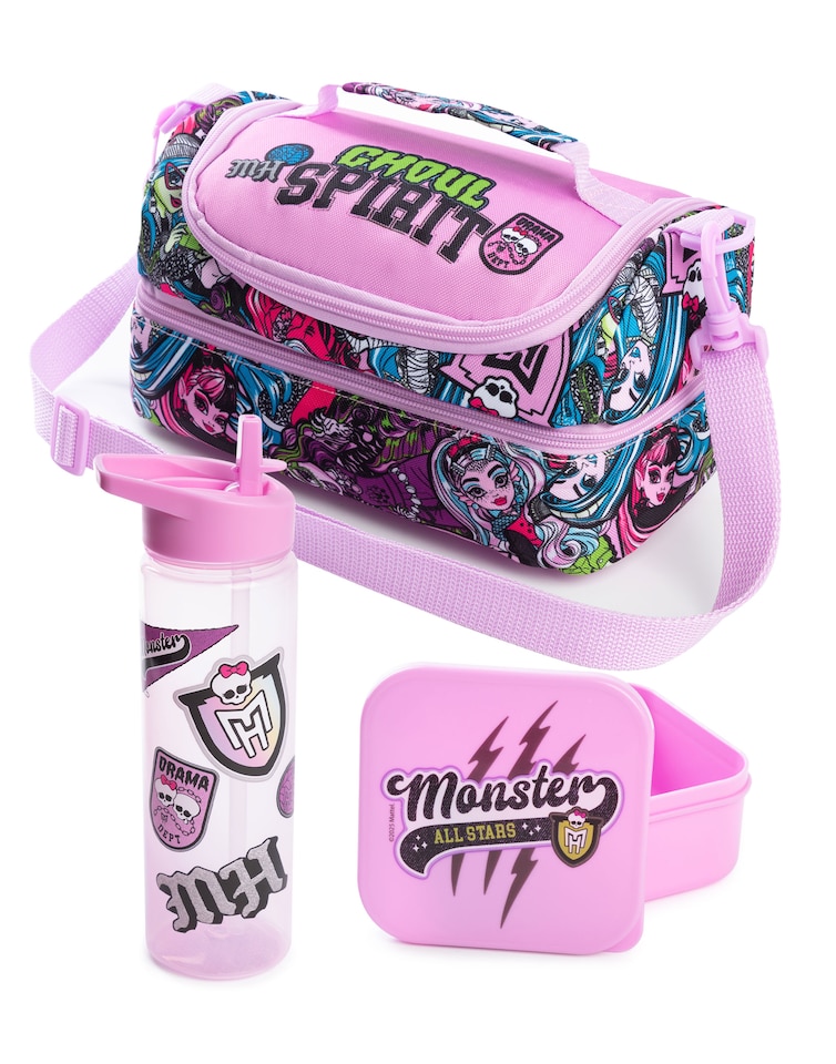 image 1 of Monster High Girls Pink Ghoul Spirit Lunch Bag | Colourful Snack Pot & Bottle Set | Adjustable Strap & Carry Handle | Back to School Cartoon Accessories | Monster High Merch
