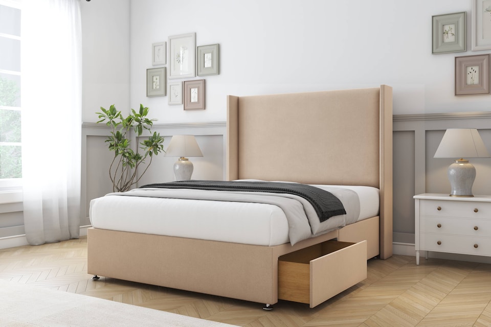 image 1 of Sloomy Devonshire Pebble Plush Divan Bed With Mattress 2 Drawers Footend With 54" Wingback Headboard 4'6 Double | Brown | Pebble | Double | 1