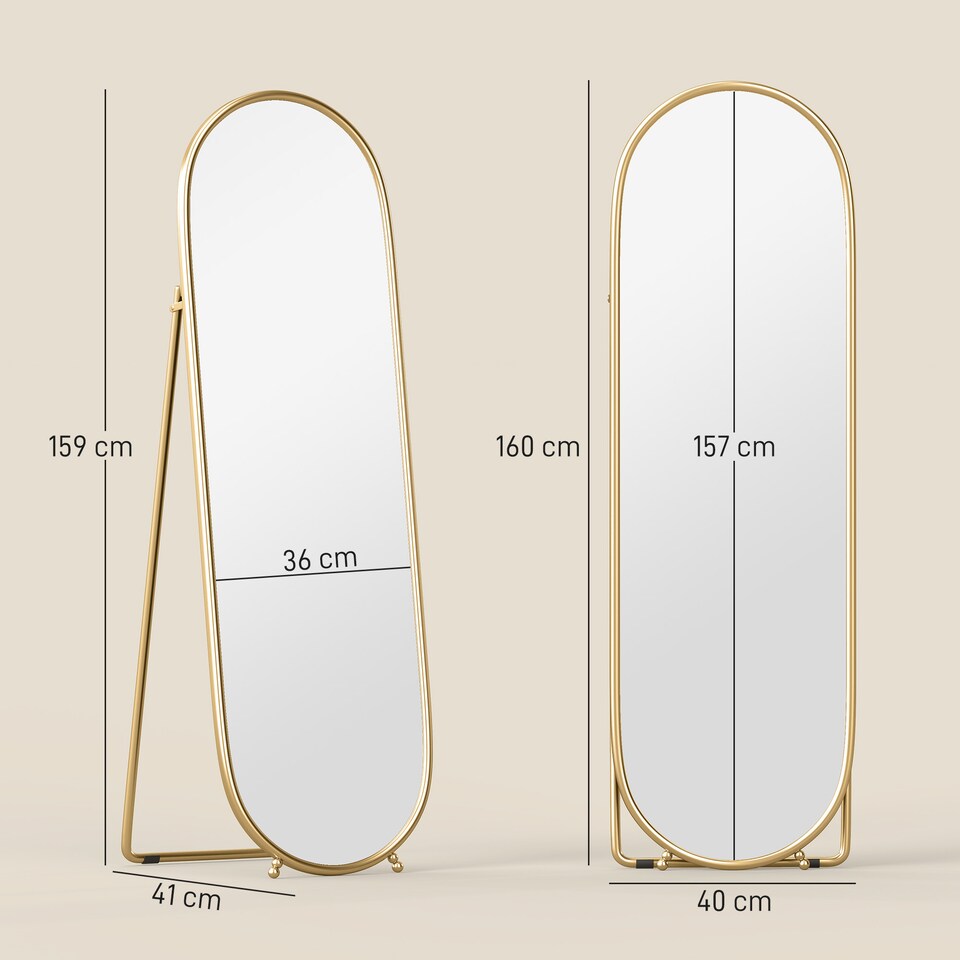 image 1 of HOMCOM 40  160cm Full Length Mirror, Floor Standing or Leaning Against Wall Tall Mirror with Support Frame, Oval Full Body Mirror for Bedroom, Living Room, Gold Tone