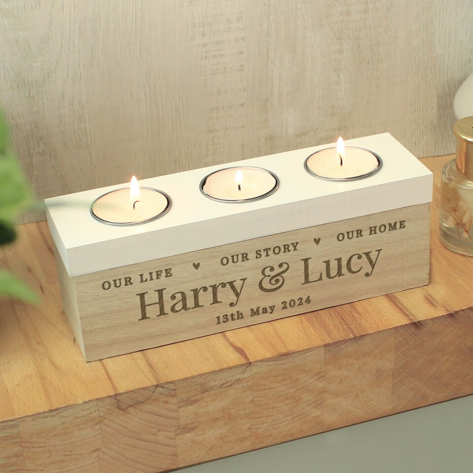 image 1 of Personalised Our Life Story & Home Triple Tea Light Box Brown