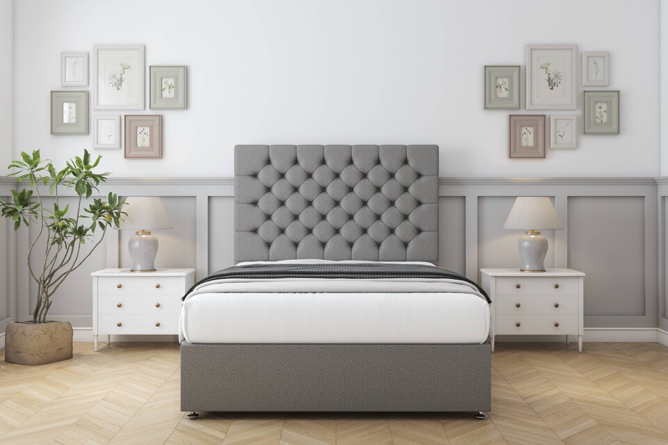 image 1 of Sloomy Mayfair Pewter Dumfries Divan Bed Base 2 Drawers Same Side With 54 Inch Floor Standing Headboard | Grey | Pewter | Super King | 1