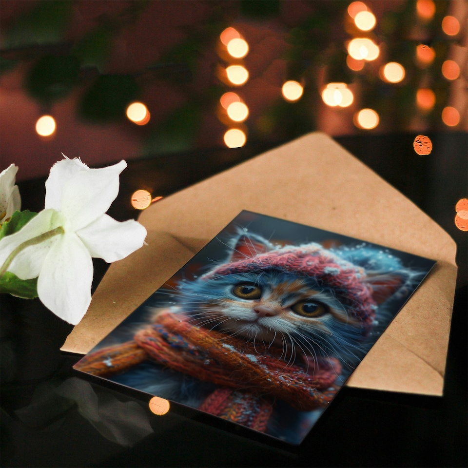 image 1 of Cute Kitten Winter Hat Scarf Baby Cat Pet Child Birthday Card