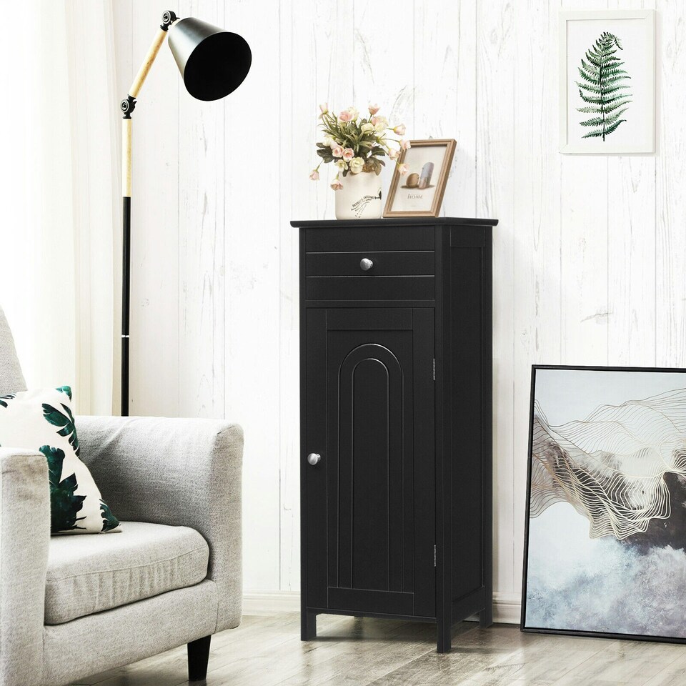 image 1 of COSTWAY Bathroom Storage Cabinet Wooden Cupboard Black Black