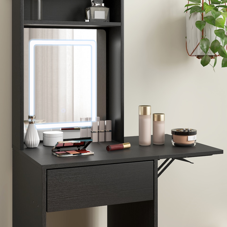 image 1 of HOMCOM Compact Dressing Table with Lighted Mirror Open Shelves Drawer | Black
